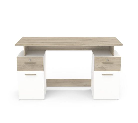 Bureau Double Caisson L134,8 Cm - Décor Bois Clair Et Blanc