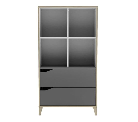 Bibliothèque 2 Tiroirs 4 Niches L70 X H130 Cm - Gris Et Blanc