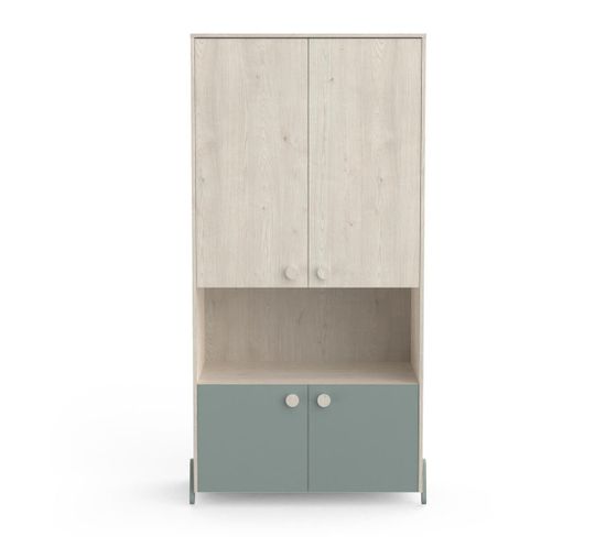 Armoire Enfant 4 Portes Avec Penderie, Décor Bois Et Vert - L89 Cm