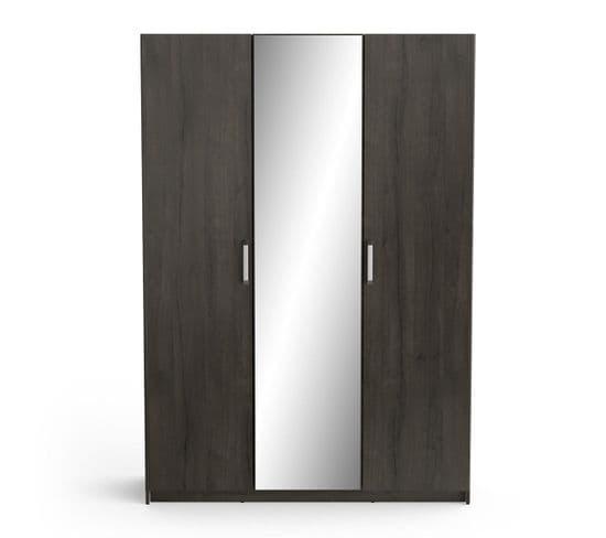 Armoire 3 Portes Avec Miroir L133,5 X H191,5 Cm - Décor Chêne Foncé