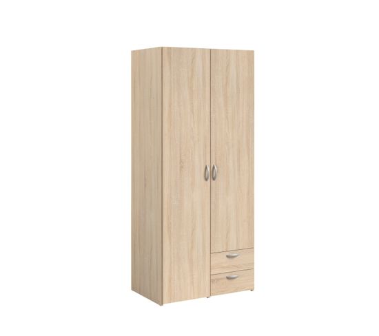 Armoire Varia - Décor Chene - 2 Portes Battantes + 2 Tiroirs - L 81 X H 185 X P 51 Cm