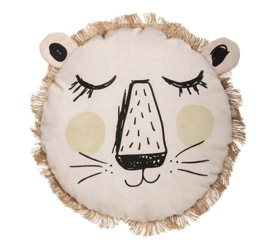 Coussin Rond Lion Franges 38 Cm