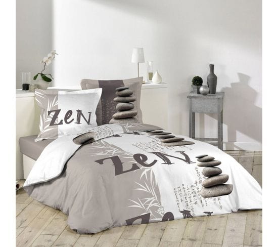 Housse De Couette 240x220 + 2 Taies Galets Zen Coton 42 Fils