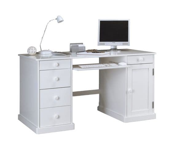 Bureau Gamer Blanc 1 Porte 5 Tiroirs