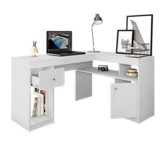 Bureau D'angle Blanc Avec Caisson Et Rangements L 137.2 H 75.5 P 111.6 Cm