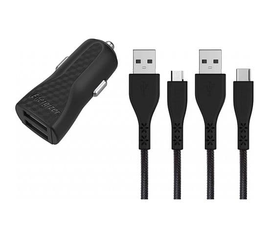 Chargeur Voiture - 2.4 A - 2 Usb - Câble Micro-usb et Usb-c Inclus - Prise Allume Cigare