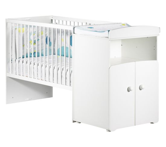 New Basic - Lit Bébé Combiné Évolutif  60x120 En 90x190 - Boutons Blanc