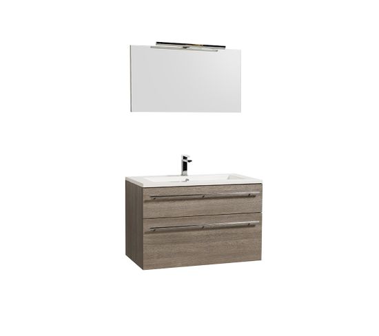 Meuble Sous-vasque 90 cm + Vasque + Miroir + Éclairage Maia / Chêne Clair Grisé