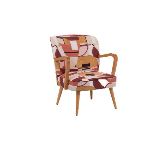 Fauteuil Rétro En Tissu Motifs Géométriques Et Accoudoirs En Bois - Honey