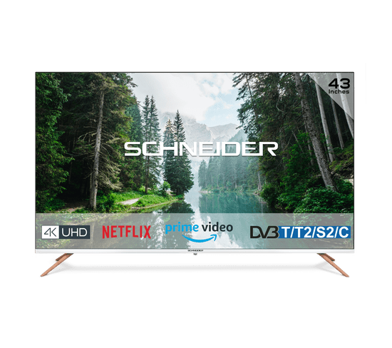TV LED 4K - 109cm - Smart TV - 3 Hdmi - Ecran Sans Bord - Pied Effet Bois - blanc - Sc43s1fjord