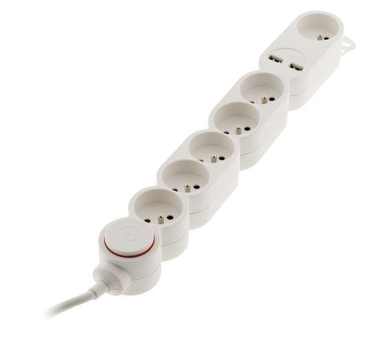 Bloc Home 6 Prises 16a 2p+t + 2x USB 2,1a Avec Interrupteur Et Fiche Extraplate - Blanc - Câble...