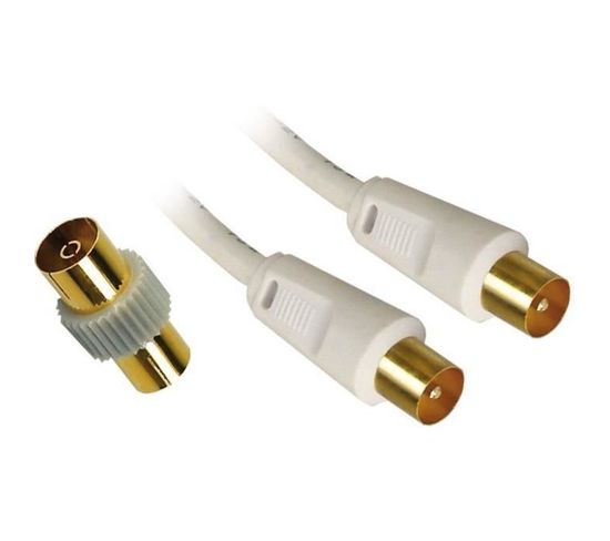 Cordon TV Mâle/mâle 9,52mm Blanc 2m + Adaptateur Femelle