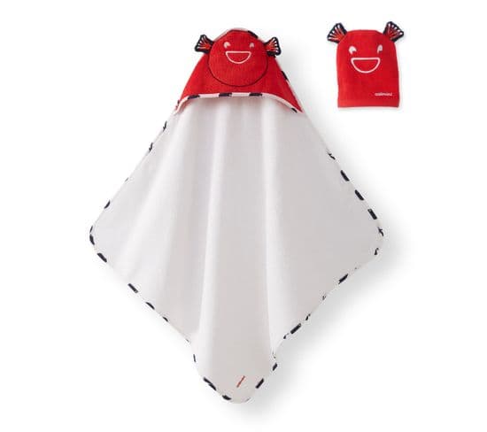 Serviette De Bain 80x80 Cm + Gant 15x21 Cm Blanc Et Rouge - 100% Coton