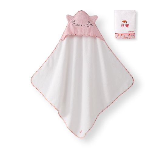 Serviette De Bain 80x80 Cm + Gant 15x21 Cm Blanc Et Rose - 100% Coton