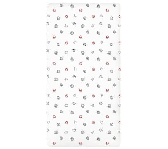 Drap Housse Mario Bros 90x190 Cm - 100% Coton - Blanc