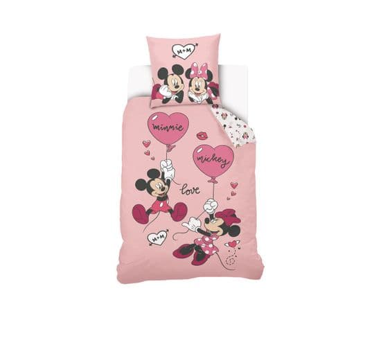 Disney - Housse De Couette Mickey Et Minnie 140x200 Cm - 100% Coton - Rose