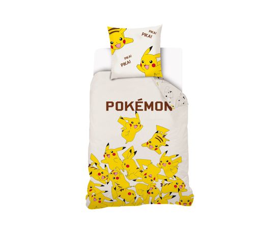 Housse De Couette Pikachu Pokémon 140x200 Cm - 100% Coton - Ecru
