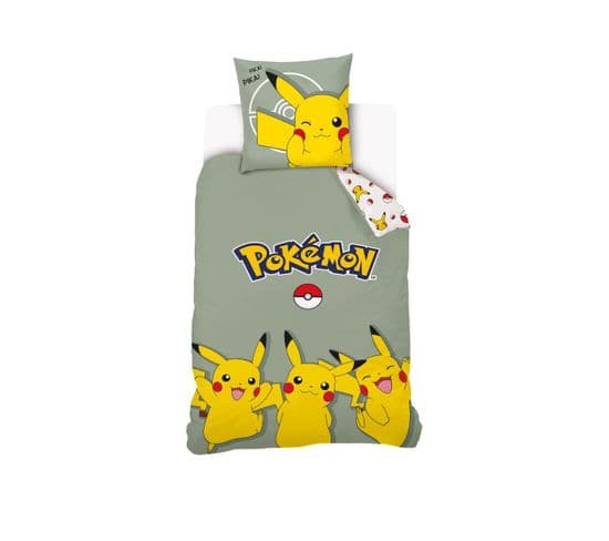 Housse De Couette Pikachu Pokémon 140x200 Cm - 100% Coton - Vert Sauge