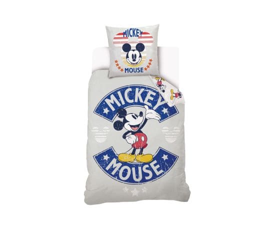 Housse De Couette Mickey Mouse Disney 140x200 Cm - 100% Coton - Gris