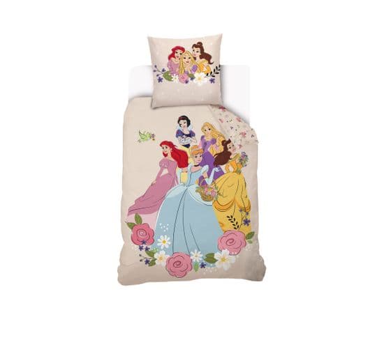 Housse De Couette Disney Princesses Florales 140x200 Cm - 100% Coton - Beige