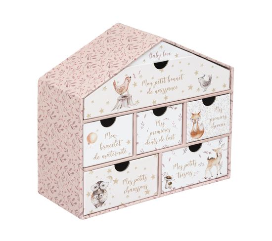 Coffret Naissance Forme Maison 5 Tiroirs à Souvenirs Déco Rose