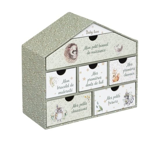 Coffret Naissance Forme Maison 5 Tiroirs à Souvenirs Déco Vert