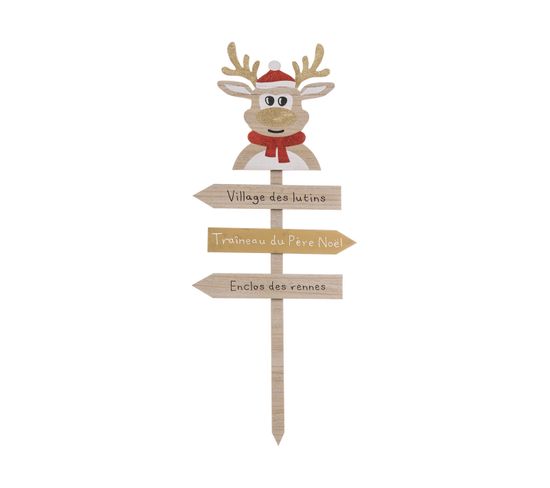 Déco De Noël Pancarte En Bois Clair Avec Renne Rouge Et Doré H 120 Cm