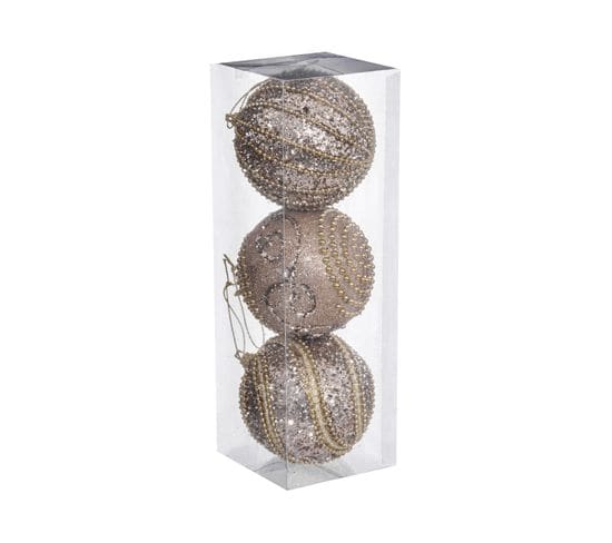 Déco De Sapin Lot De 3 Boules De Noël D 8 Cm Champagne Avec Perles Et Paillettes