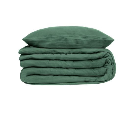 Parure De Lit 2 Personnes En Gaze De Coton Vert Céladon 240 X 220 Cm Housse De Couette Avec 2 Taies