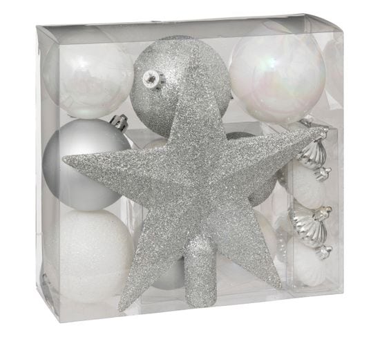 Déco De Sapin De Noël Kit De 18 Pièces Boules Et Cimier - Argent Et Blanc