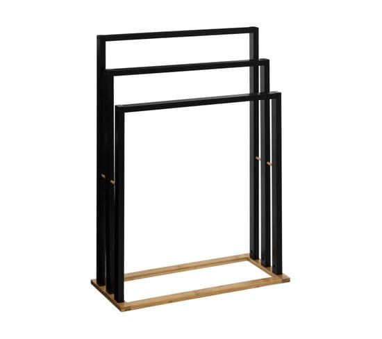 Porte-serviettes 3 Barres En Bambou Et Bois Noir H 82 Cm