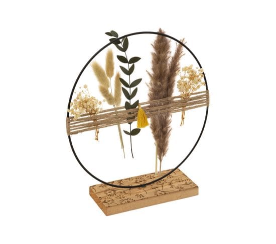 Objet Déco à Poser En Métal Et Bois Avec Pompons Et Plantes Séchées H 27 Cm