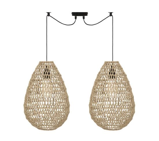 Luminaire Suspension 2 Lampes En Métal Et Corde Beige