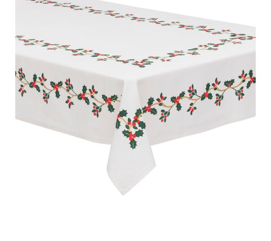 Nappe En Coton Blanc Imprimé Houx Et Baies Rouges Finition Doré 140 X 360 Cm