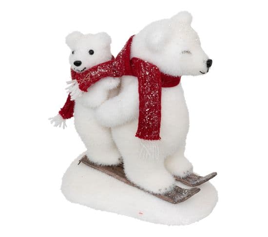 Déco De Noël 2 Ours Sur Ski Blanc Pailleté Avec Écharpe Rouge L 19 X H 23 Cm