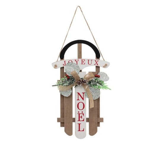 Suspension De Noël Luge En Bois Avec Déco H 35 Cm