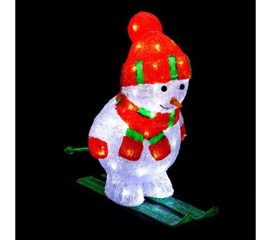 Déco Lumineuse Bonhomme De Neige Sur Ski 60 LED Blanc Froid H 44.8 Cm