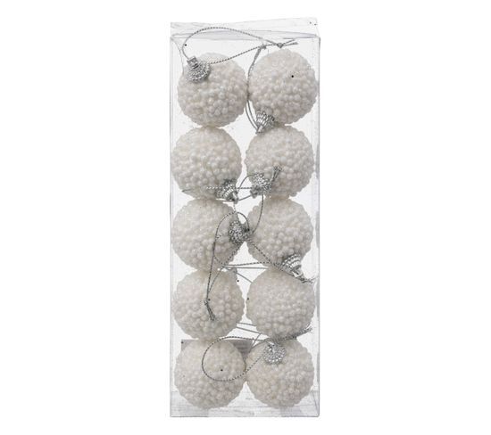 Déco De Sapin Kit 10 Boules De Noël  D 4 Cm Bille Blanc Pailleté