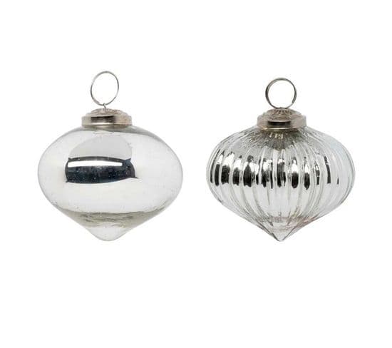 Lot De 2 Boules De Noël En Verre "goutte" 8cm Argent