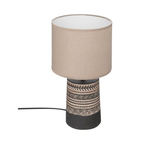 Lampe À Poser Marron Motif Exotique Et Abat-jour En Coton Beige H 34 Cm