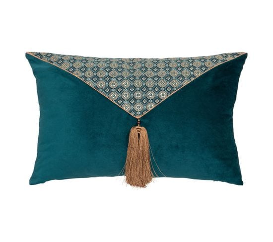 Coussin Décoratif Velours Bleu Et Motifs Exotiques Avec Pompons 38 X 58 Cm