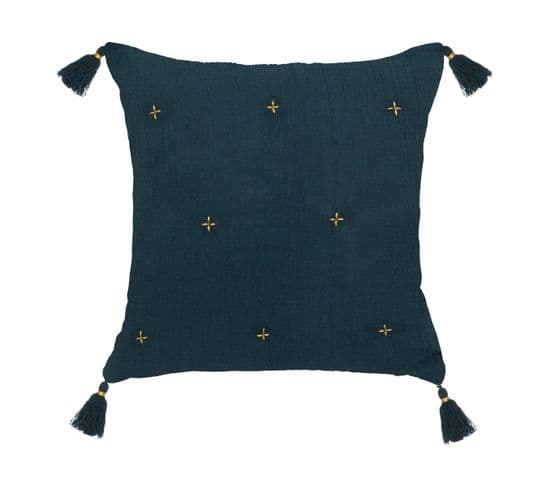 Coussin Décoratif Bleu Pétrole Brodé Doré Avec Pompons 40 X 40 Cm