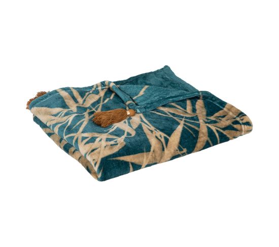 Plaid Flanelle Bleu Motif Camel Avec Pompons 125 X 150 Cm