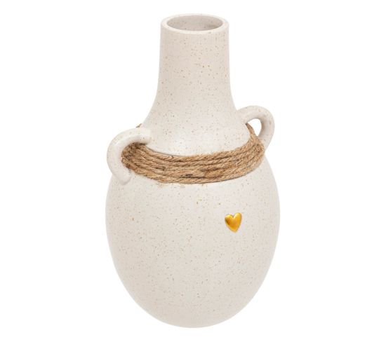 Vase Blanc En Céramique Sablé Avec Coeur Doré Et Corde En Jute H 22 Cm