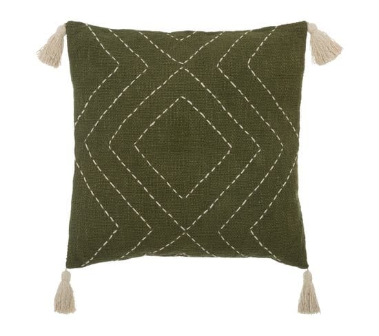 Coussin Décoratif En Coton Vert Kaki Motifs Brodés Avec 4 Pompons 45 X 45 Cm