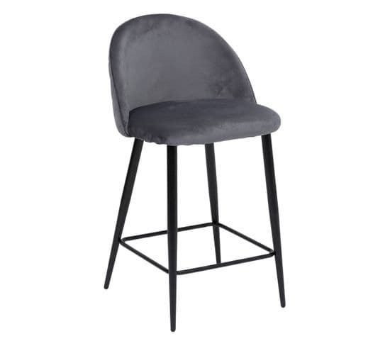 Tabouret Chaise De Bar En Velours Gris Et Pieds En Métal Noir