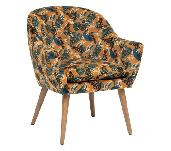 Fauteuil En Velours Ocre Motif Feuilles Et Pieds En Bois