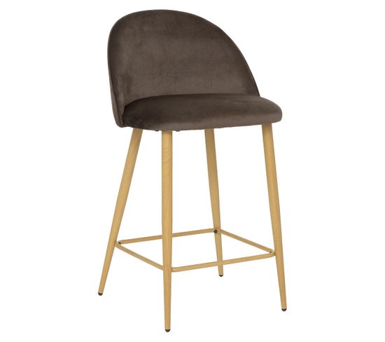 Tabouret Chaise De Bar En Velours Taupe Et  Pieds En Métal Aspect Chêne