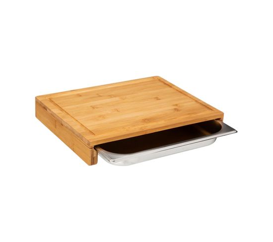 Planche à Découper En Bambou Avec Bac Tiroir Intégré En Inox 35 X 28.5 Cm