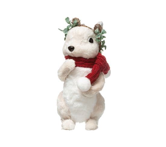 Déco De Noël Écureuil Blanc Avec Écharpe Rouge Et Couronne H 23 Cm